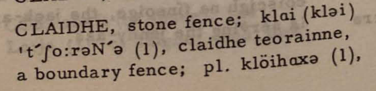 Excerpt from The Irish of
Achill showing meaning of claidhe as stone fence