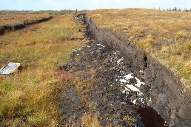 Picture of a turf bank (where
             turf is harvested from a peat bog) showing a puddle at the foot
             of the bank
