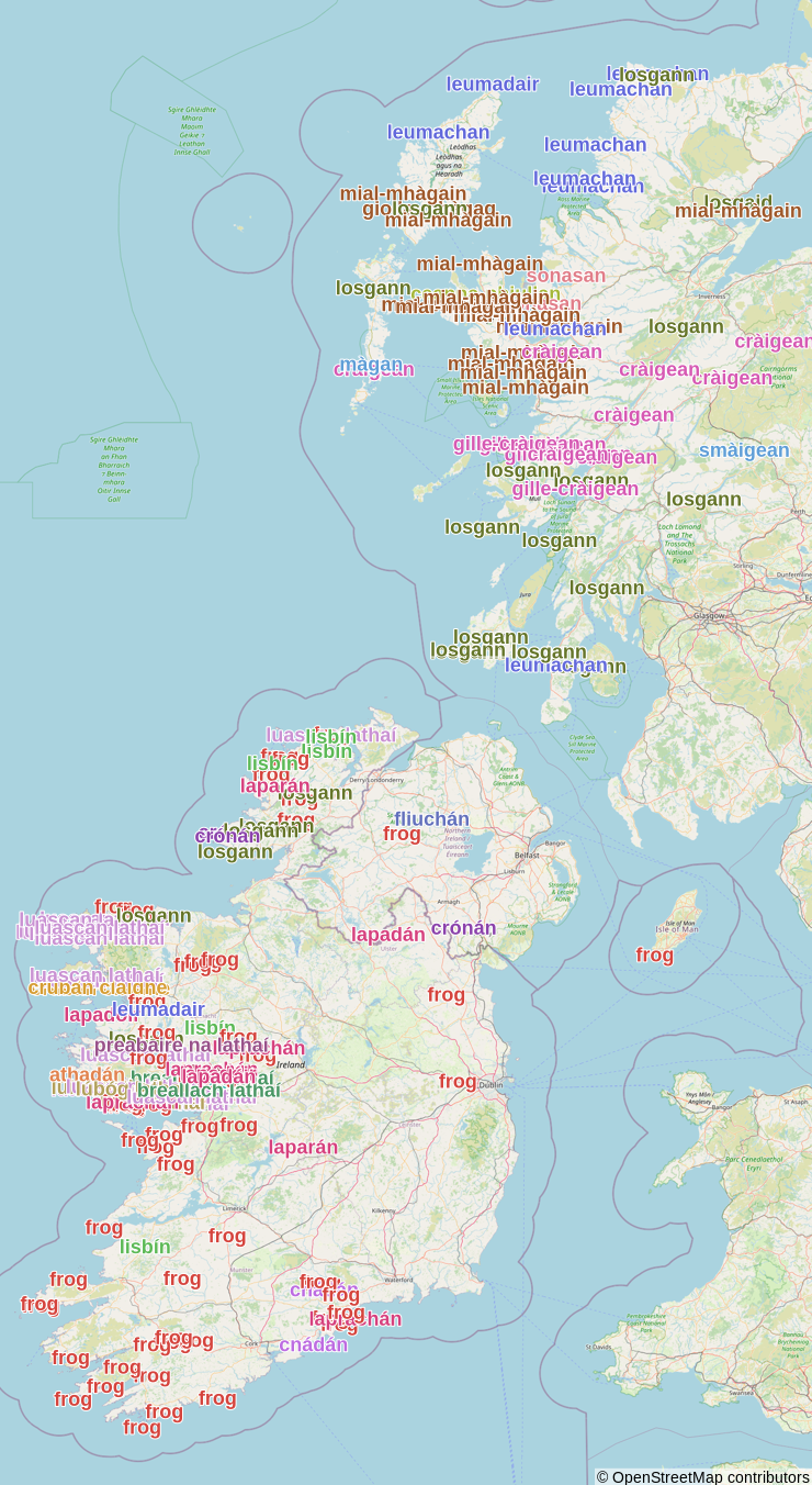 map with words on
locations to show distribution of usage. Leinster and East Ulster do not have
many data points. There are two 'frog' usages in Leinster, and East Ulster has
one each of 'fliuchán', 'lapadán', 'crónán', and 'frog'. Clear patterns include
the use of 'cràigean' and 'gille-cràigean' in a band running northeast across
Scotland from Ardnamurchan to Strathspey. A cluster of 'mial-mhàgain' is clear
around Skye and Raasay. 'Leumachan' is clustered around Assynt and MacKay's
Country in Sutherland, though East Sutherland has 'losgaid' and 'mial-mhàgain'.
Connacht has a very dense variety of words but a spread of usage of 'luascan
lathaí' is visible across Galway and Mayo. In Munster there are two usages of
'cnádán' close to each other in Cork and Waterford, one usage of
'laprachán' in Ring, and one usage of 'lisbín' in Kerry. The rest of
the points in Munster are 'frog'. Donegal has a roughly even spread of 'frog',
    'losgann' and  'lisbín', with a couple usages of 'crónán' and one of
    'luascan lathaí'.