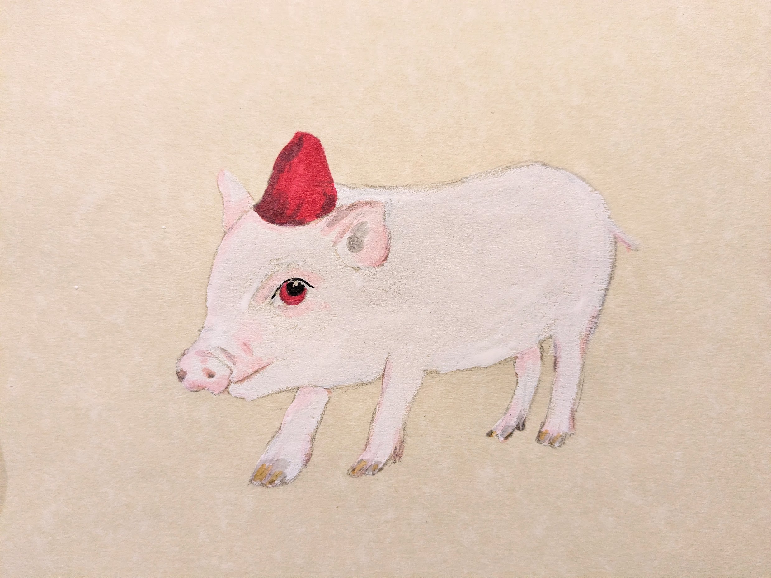 A painting of a white piglet
with red eyes wearing a red cap