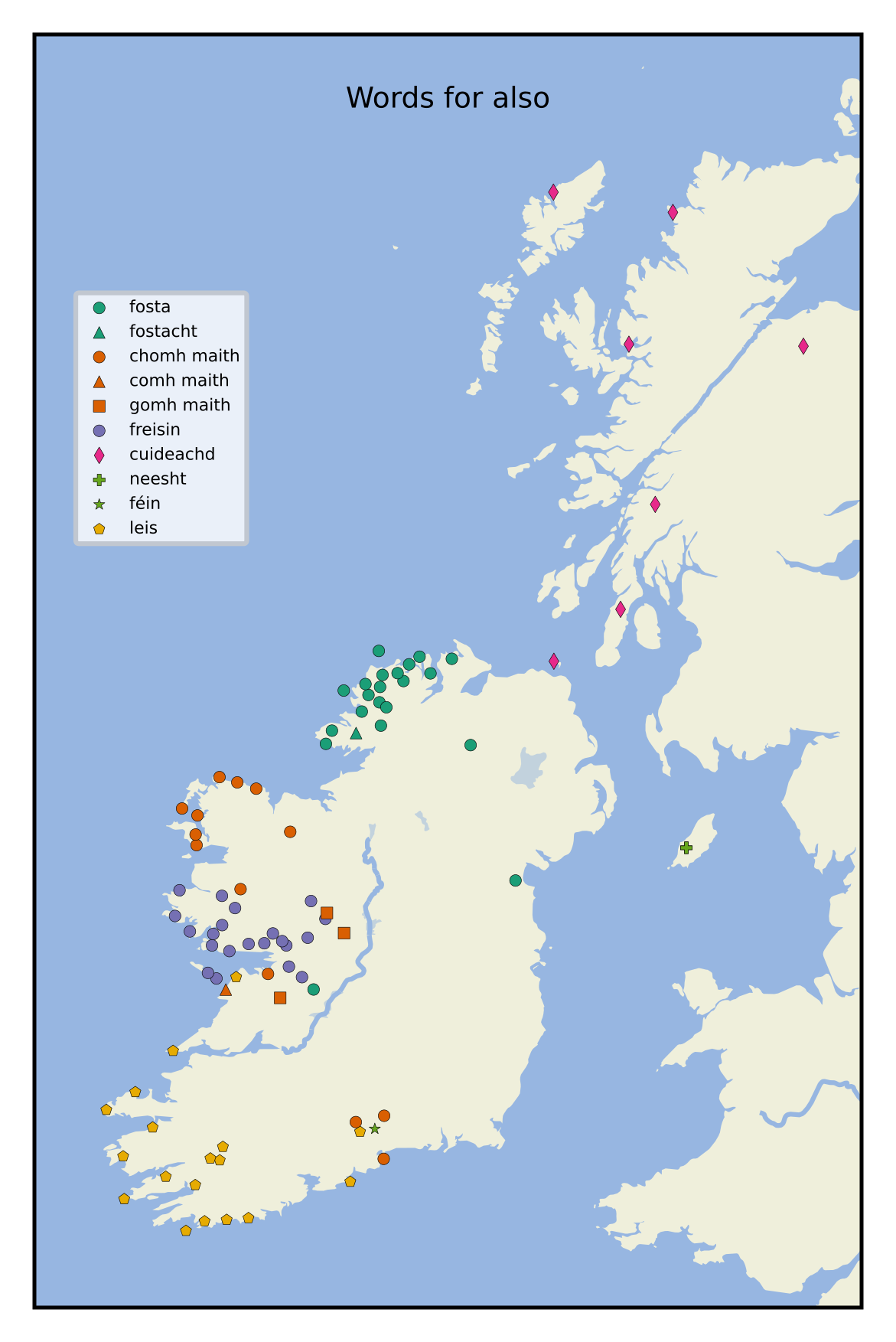 A map of Ireland, the Isle of Man and
the much of Scotland with a scatter plot overlaid. The information is the same
as in the previous image, see its alt text for description.