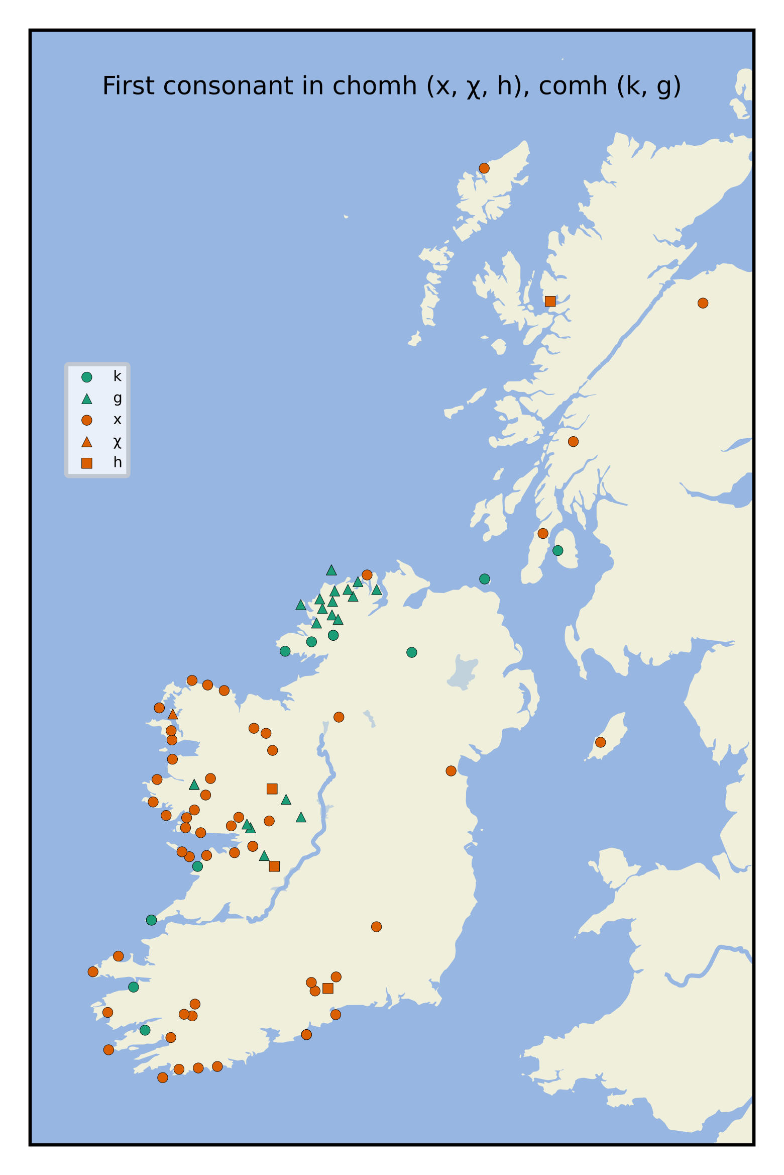 Distribution of chomh and comh. With lenition is most widespread, with [x]
being the most common realisation. One spot has [χ] and another [h]. Without
lenition is found in much of Ulster, voiced in most places except south
Donegal, mid-Ulster and Rathlin Island. There is a smattering of no lenition
around Clare, East Connacht and Kerry. Scotland has lenition except on
Arran.
